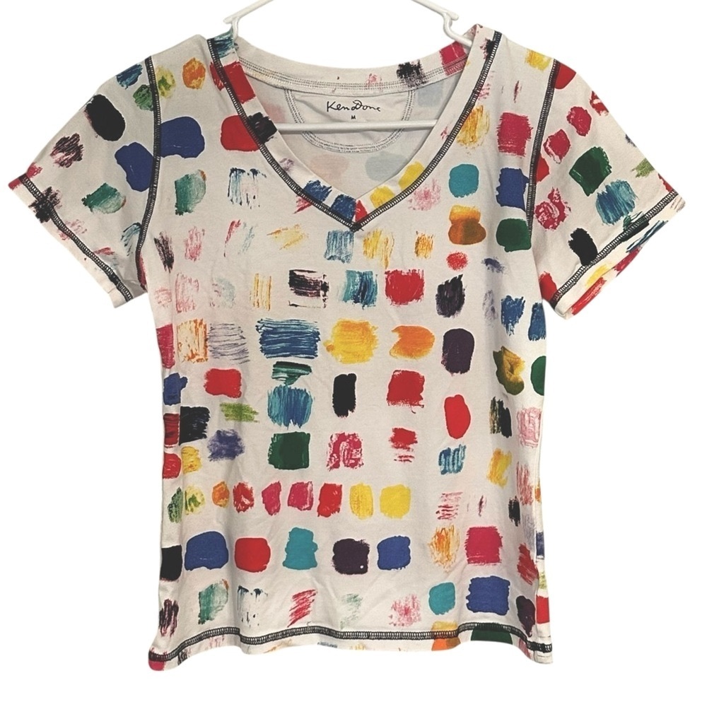 Ken Done Gallery Colorful Abstract Print V-Neck Top Exam Print Artwork 2017 M - Picture 2 of 8